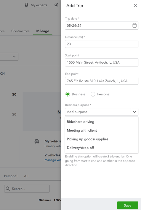 QB tracking mileage enter