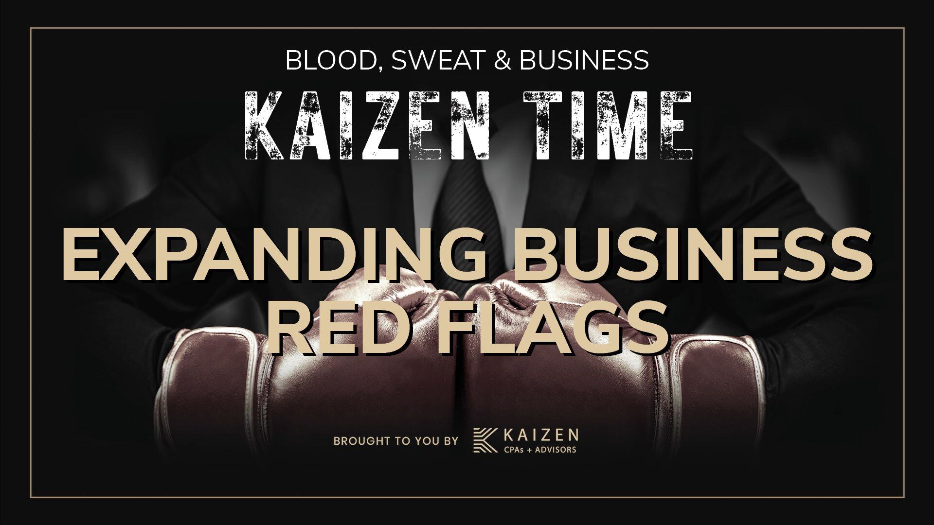 Kaizen Time podcast cover titled 'Expanding Business Red Flags,' featuring insights from Kaizen CPAs + Advisors on avoiding common pitfalls in business expansion, buying another company, and identifying red flags before acquiring assets. The image shows a suited person with boxing gloves, symbolizing the challenges in business acquisitions.