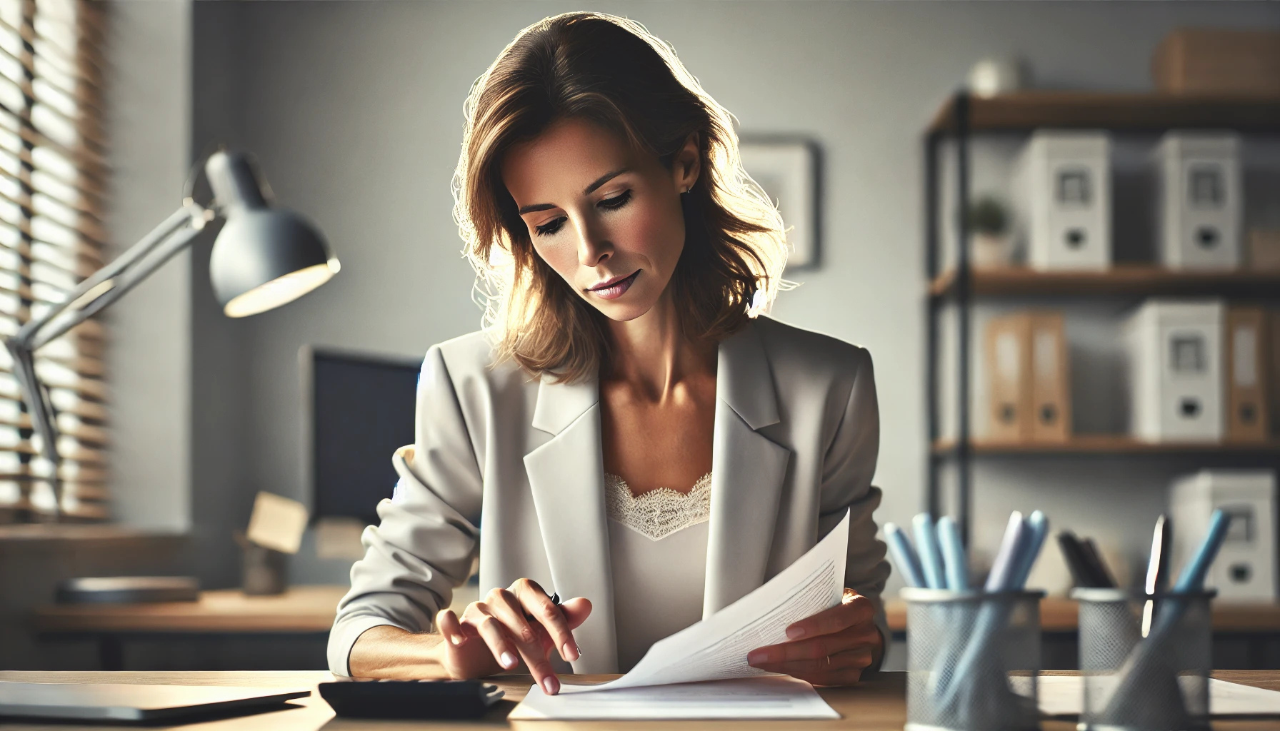 A focused businesswoman reviewing financial documents for creating a small business budget in a modern office. She is planning budgets, analyzing expenses, and projecting revenue for better financial management and growth. This image represents budgeting, financial planning, and business strategy for small businesses.