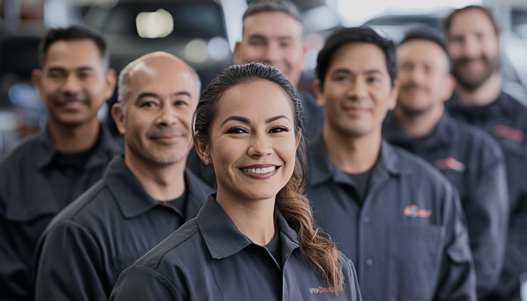 A smiling team of automotive technicians wearing matching uniforms, representing a well-structured workforce. The image highlights the importance of proper worker classification for compliance, business success, and a happy team.