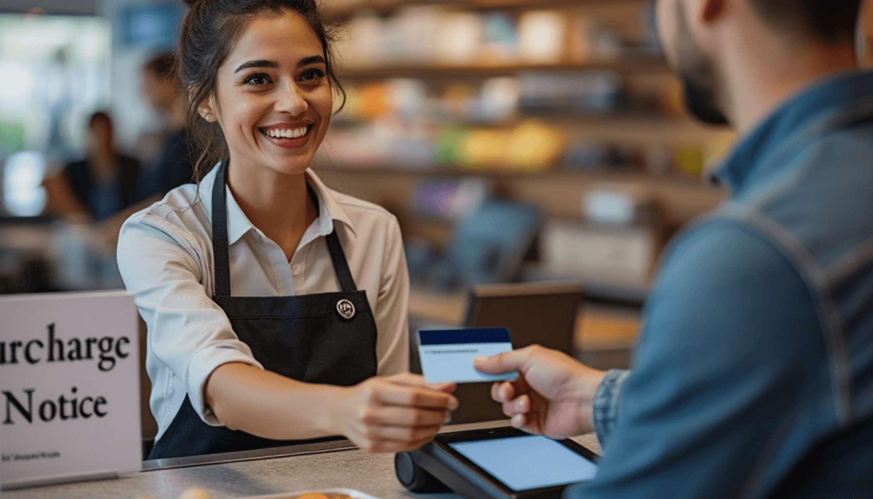 A smiling cashier handing a payment terminal to a customer using a credit card, with a visible 'Surcharge Notice' sign on the counter in a modern retail store setting, emphasizing Illinois surcharge laws compliance in 2024.