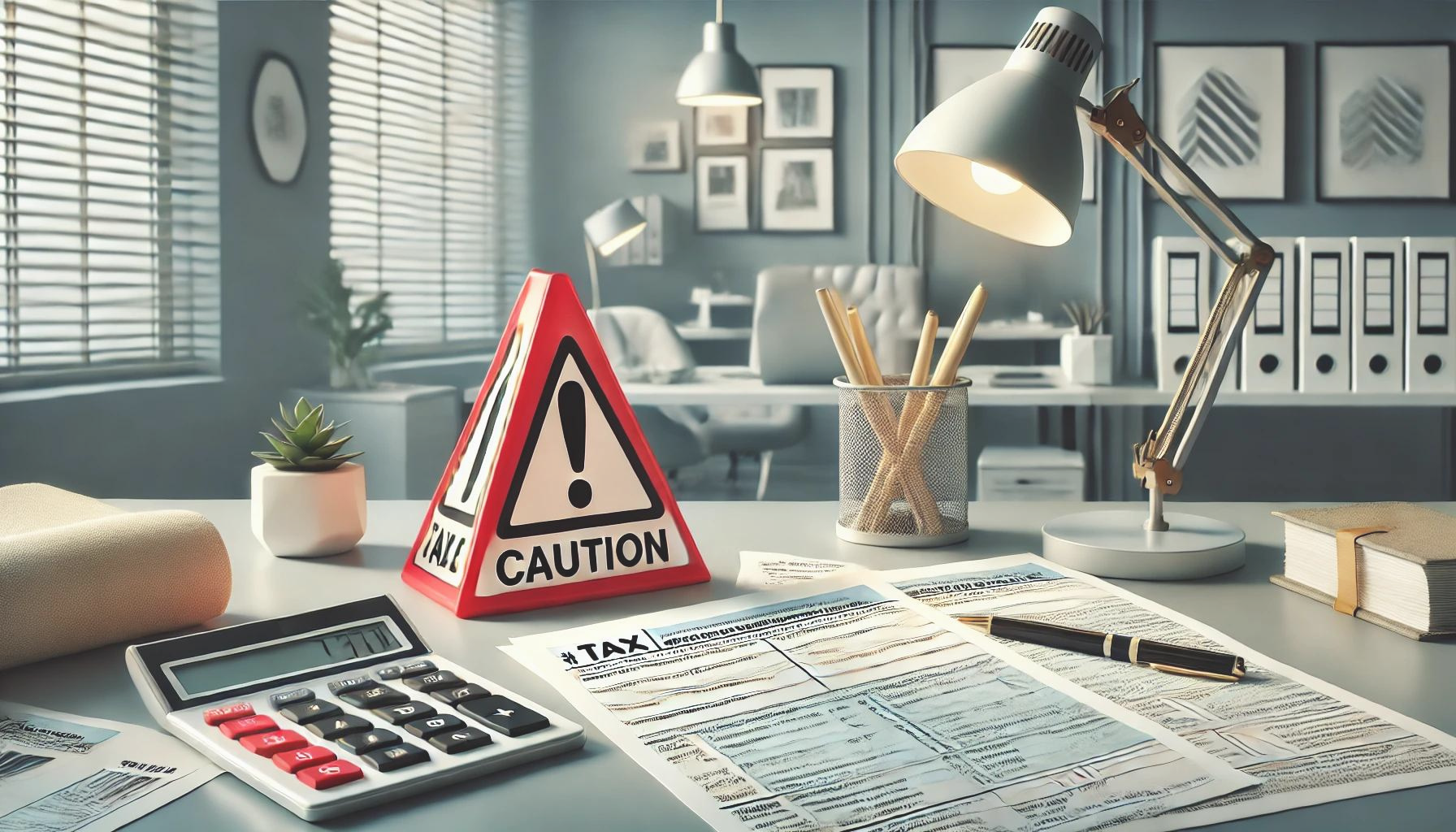 Learn the top IRS red flags for small businesses and how to avoid them to minimize audit risks and keep your business compliant with tax laws. The image shows a desk with tax forms, a calculator, a pen, and a caution sign, symbolizing the importance of compliance and careful recordkeeping.