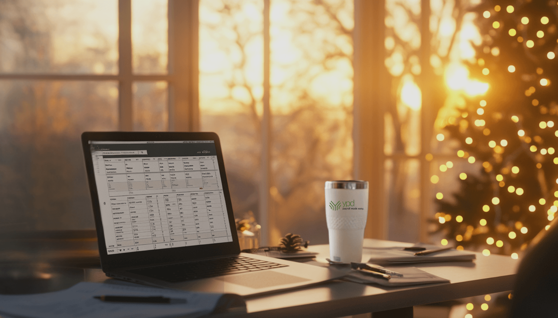 Sunlit office desk with a laptop displaying payroll software, surrounded by documents, a pen, and a branded coffee mug. A Christmas tree with glowing lights is visible in the background, evoking a productive and festive year-end atmosphere.