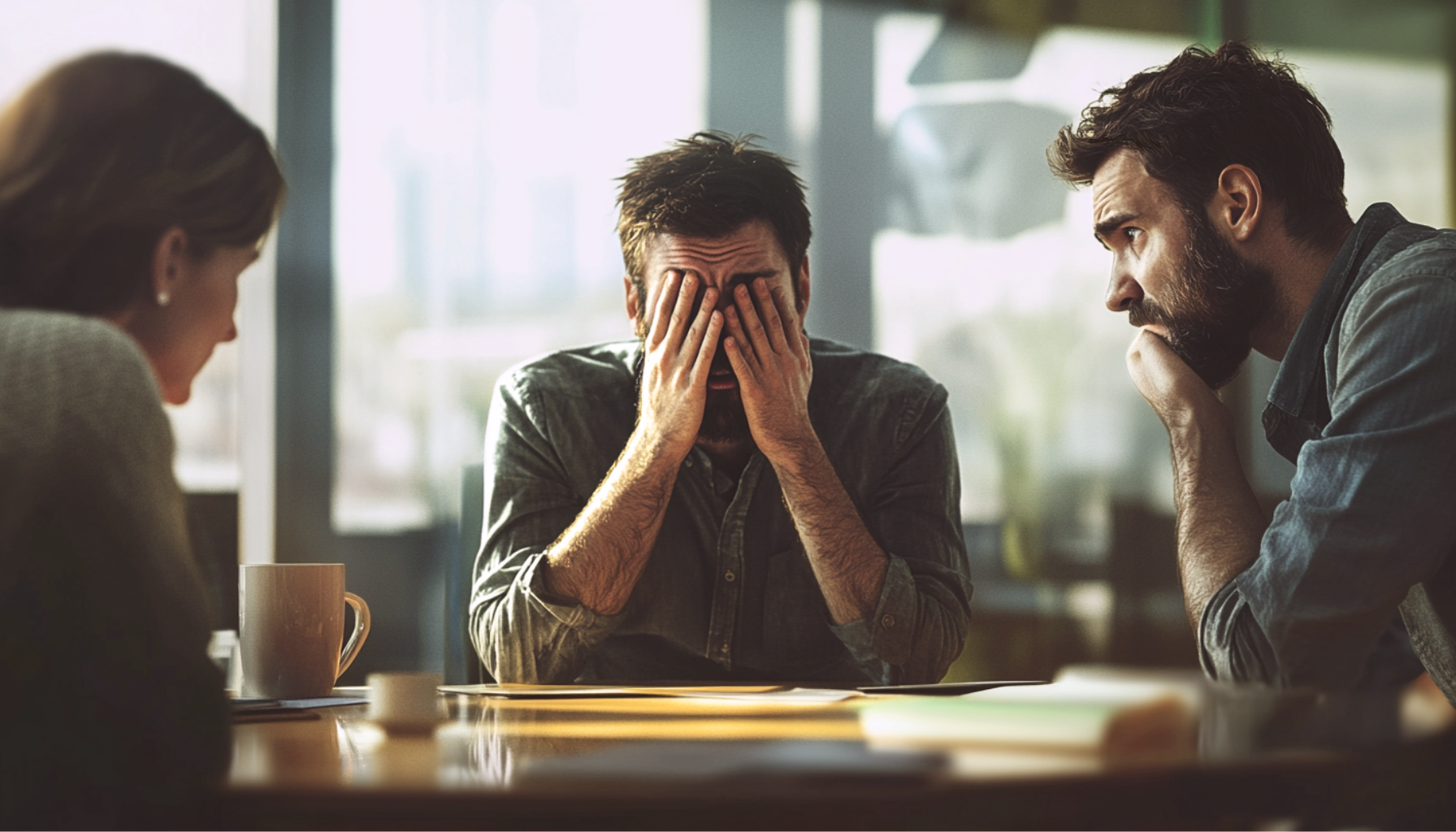 Worried and frustrated over a business failure, a small business owner holds his face in his hands as two other team members look on. Business owners can learn valuable lessons from mistakes they've made.