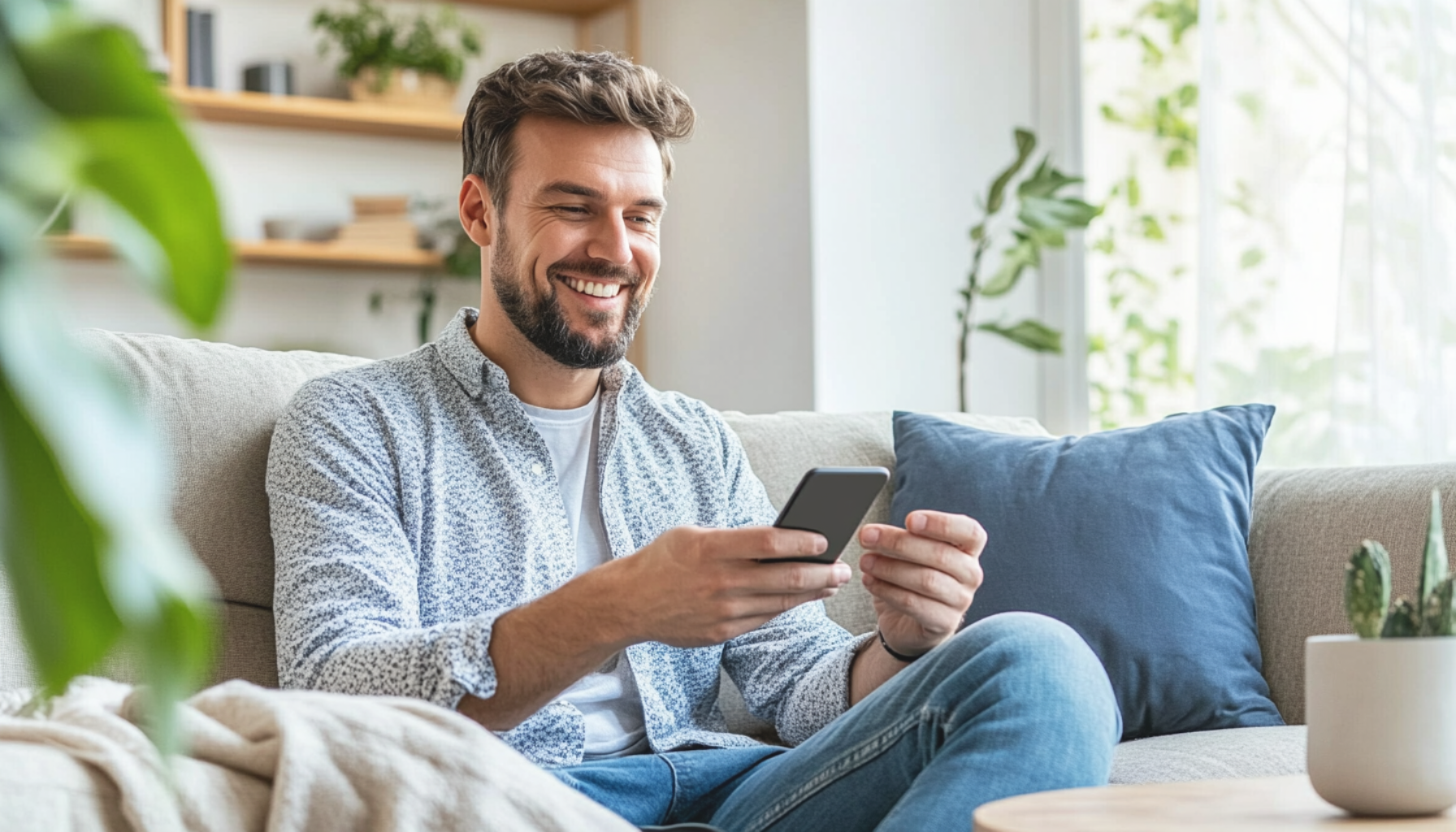 An team member enjoys using an employee self-serve app on his mobile device from the comfort of his own living room.