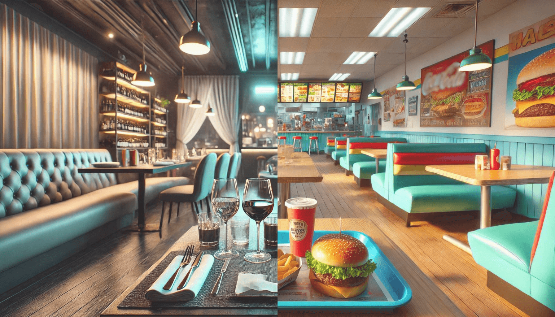 A side-by-side image: On the right, an upscale restaurant with soft, warm lighting. In the foreground is a formal place setting, with silverware, cloth napkins, and crystal wine glasses on a dark wood table. On the left, a fast food restaurant with bright, fluorescent lighting and plastic blue, red and yellow booths. In the foreground, a fast food burger, fries, and a fountain drink sit on a blue plastic food tray. There are pitfalls business owners should know about before they expand. For example, merging two very different types of businesses, as illustrated in the image, can present unique challenges.