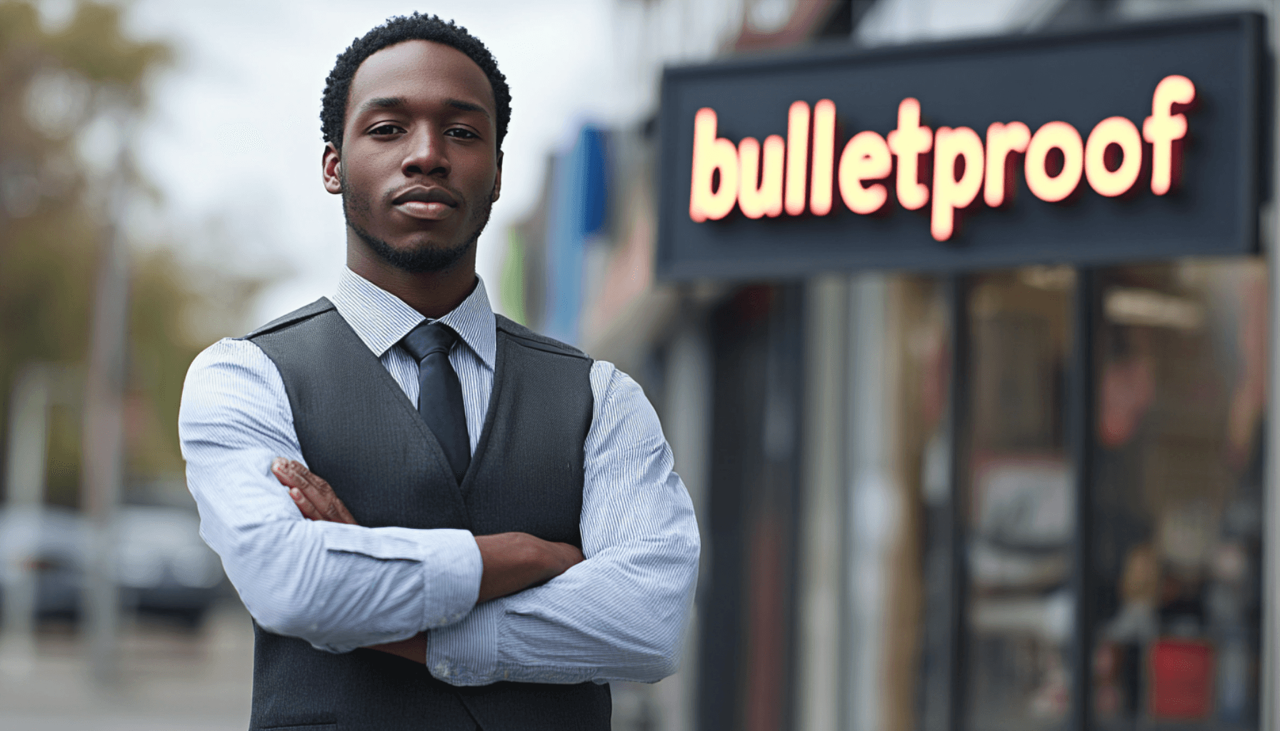 A confident small business owner stands with arms crossed in front of a storefront with a sign reading 