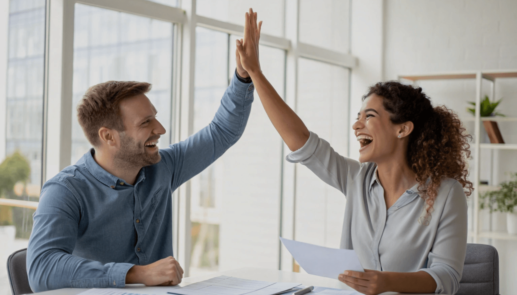 A male and female small business owner celebrate their financial success with a high-five in a bright, modern office. Both are smiling and engaged, with financial documents on the table in front of them. The well-lit space reflects successful tax planning, business growth, and smart financial strategies, reinforcing the importance of proactive bookkeeping and tax savings for small businesses.