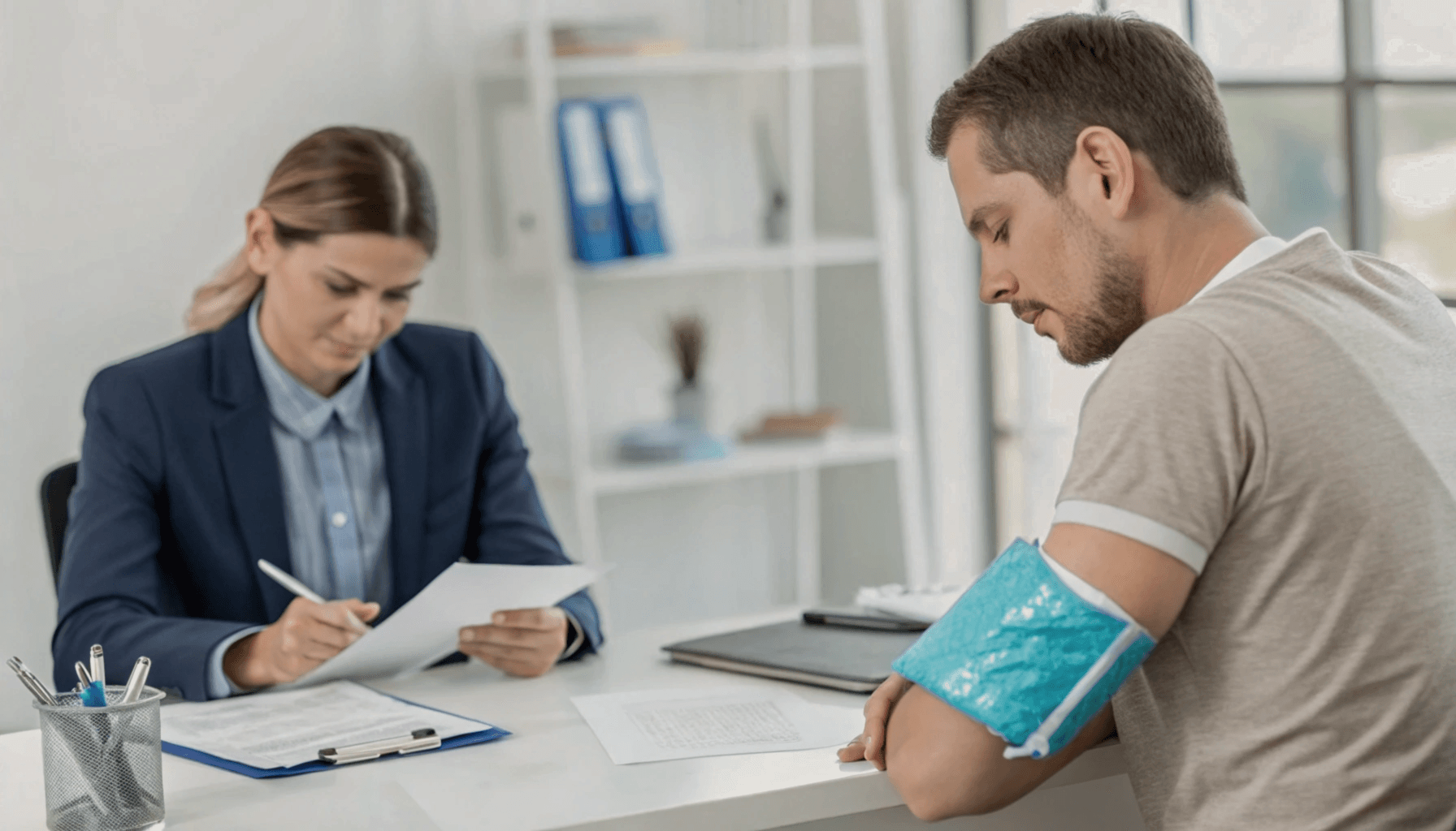 An HR professional sits at a desk, reviewing paperwork with a focused expression, while an employee with an ice pack on their elbow sits across the desk. The scene depicts a professional and empathetic conversation in a well-lit office, emphasizing Workers' Compensation compliance and support.